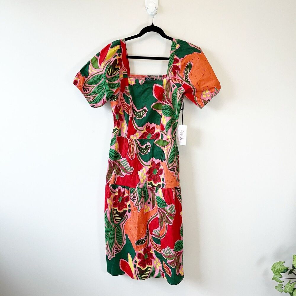 Vibrant Floral Midi Dress in Green & Orange